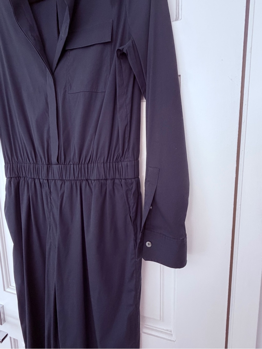 Theory | Peak Lapel Chino Wash Shirt Cotton Blend Jumpsuit | Size M | Navy - Picture 11 of 12
